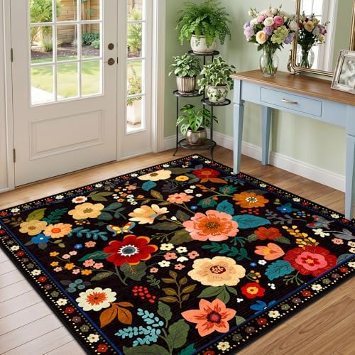 RELEANY Floral Washable Square 4ft Area Rug Black by RELEANY