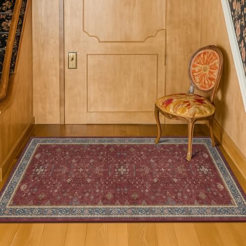 Hazo Haus Burgundy 2x4 Washable Entry Rug for Inside House, Kitchen Floor, Thin Door Mats for Inside Entry, Washable Non Slip Low Pile Stain & Fade Resistant, Modern Eclectic Floral Decor - Image 6