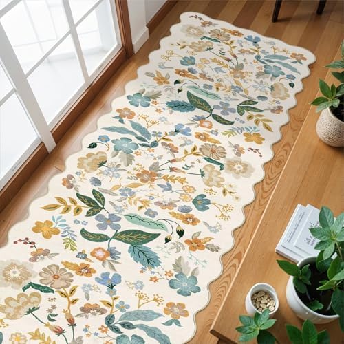 3x12 Washable Scalloped Floral Rug: Non Slip Long Hallway Runner Rug Cream - Image 6