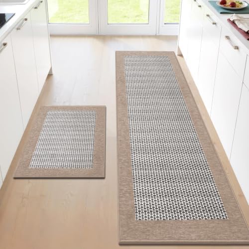 StepRite Kitchen Rugs 2 PCS, Kitchen Mats for Floor, 20"X32"+20"X72", Khaki by Bringcushiontoyourlife