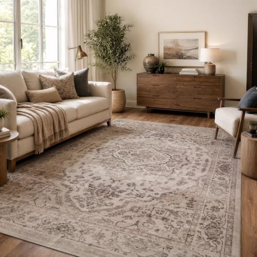 Rugshop Vintage Medallion Machine Washable Non-Slip Area Rug, 5'x7' Cream by Rugshop
