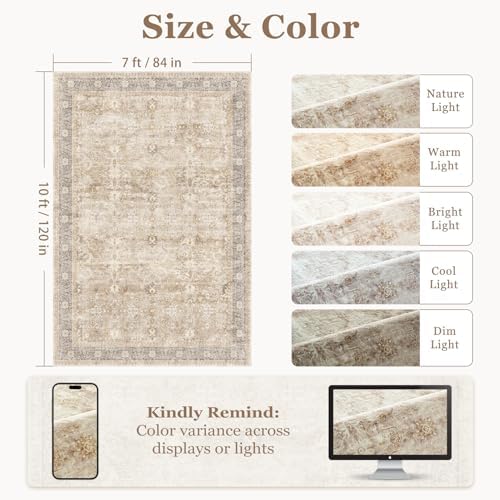 Earth Tone 7x10 Rugs for Living Room, Vintage Neutral Area Rug for Bedroom Dining Room, Low Pile Thin Washable Non Slip Room Rug for Home Office Playroom Family Room, Farmhouse Beige Taupe - Image 2