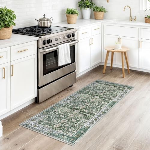 KUTA Runners for Hallways 2x5 ft Vintage Floral Washable Kitchen Rug Green - Image 3