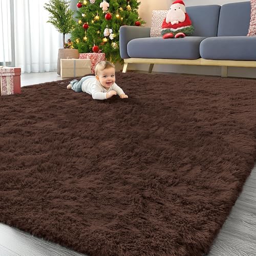 OLANLY 9x12 Machine Washable Large Area Rugs for Living Room, Bedroom, Soft Fluffy Shaggy Bedside Rug, Indoor Floor Carpet for Kids Girls and Boys, Dorms, Nursery, Home Decor Aesthetic, Coffee by OLANLY