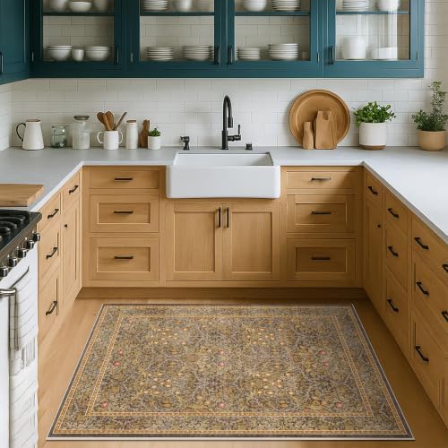 Vintage Floral Brown 3x5 Area Rugs for Entryway, Kitchen, Bathroom, Bedroom Beside Rug, Laundry Room, Non-Slip Low Pile Ultra Soft Stain Resistant Small Gold and Taupe Carpet - Image 3