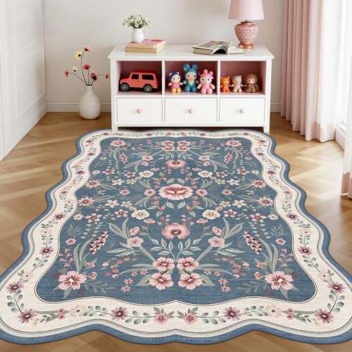 Scalloped Floral Rug 5x7, Dusty Blue Washable Non Slip Area Rug for Girls Bedroom,Soft Low Pile Vintage Carpet for Nursery, Dorm, or Living Room - Image 2