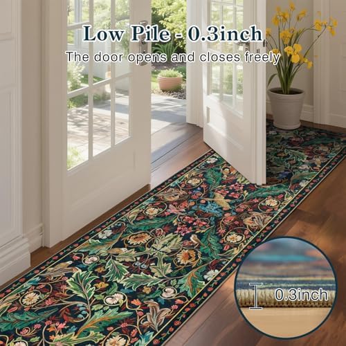 nesrt Boho Washable 3x10 Hallway Runner Rugs, Non Slip Floral Birds Long Kitchen Runners, Soft Jungle Birds Floor Carpet for Entryway, Low Pile Decor Rug for Hall Laundry Bedroom Bathroom (Dark Green) - Image 3