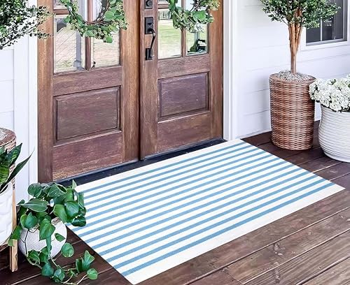 Light Blue White Outdoor Rug 2'x4.3',Striped Front Porch Rug Machine Washable Front Door Mat Entryway Throw Rug for Front Porch Indoor Outdoor Doormat - Image 7