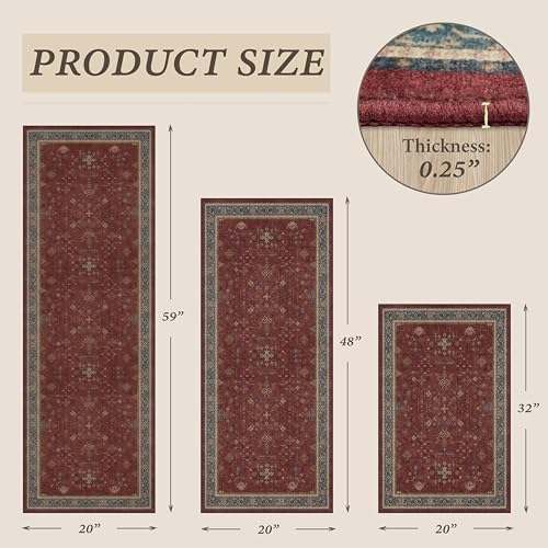 JTJ Burgundy Boho 3 Piece Kitchen Rug Set, Washable Non-Slip Mats - Image 2