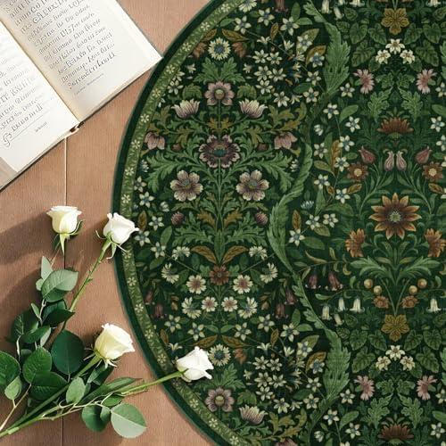 Round Rug 4ft Floral Circle Rug Green Botanical Indoor Area Rug - Image 4