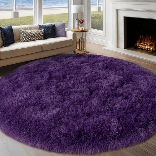 8ft Fluffy Dark Purple Round Rug for Bedroom Living Room, Washable Non-Slip by WISHTREE