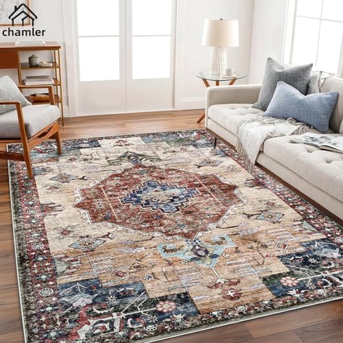 chamler 10'x14' Washable Area Rug Boho Chic Medallion Distressed Design Non-Shedding Easy Care Ideal for High Traffic Areas in Rugs for Living Room Bedroom Office Coffee Table Large Carpet - Image 2