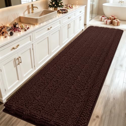ACCUMTEK Extra Long Striped Brown Bathroom Rug Mat 70"x24" Ultra Soft, Non Slip Chenille Bath Rugs, Absorbent Plush Shaggy Bath Mats for Bathroom, Bedroom, Kitchen, Shower, Tub by ACCUMTEK