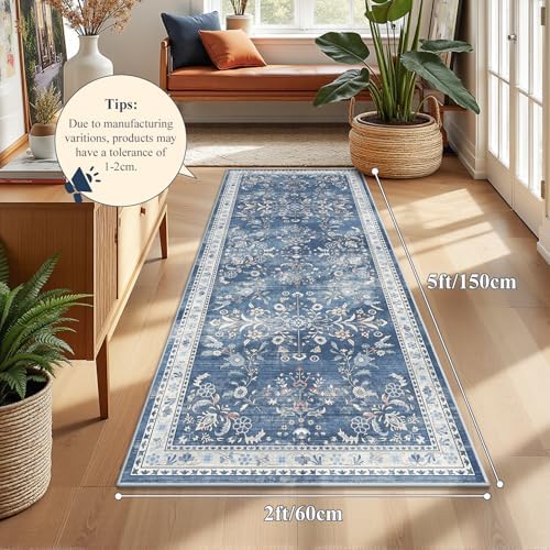 Yamaziot 2x5 Washable Hallway Runner Rug Non Slip Floral Carpet, Blue - Image 2