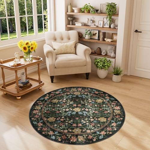 DUKINO 4ft Round Rug, Washable Vintage Floral Area Rug for Bedroom, Black by DUKINO