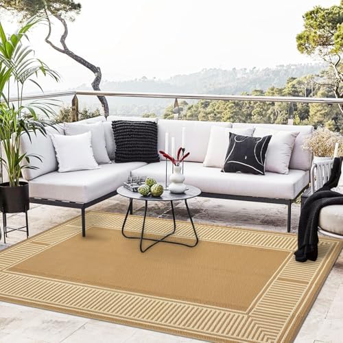 GAOMON Large Outdoor Camping Rug 9x18 Modern Bordered Reversible Outdoor Carpet Foldable Retro Plastic Straw Rug Portable Outside Patio Rugs Floor Mat for Porch, Beach, Balcony, Backyard,Border-Beige - Image 2