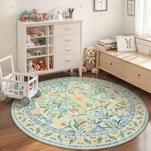 Wonnitar Washable Floral Round Rug, 6ft Sage Green Round Area Rugs for Bedroom Nursery, Boho Non-Slip Indoor Large Circle Carpets for Dining Room Living Room Kids Playroom by Wonnitar
