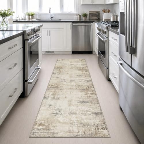 2.6x10 Washable Runner Rug:Modern Abstract Soft Carpet Beige Brown - Image 4