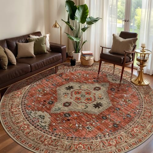 Tangsoo Washable Round Area Rugs 5ft, Boho Non Slip Circle Rug Low Pile by Tangsoo