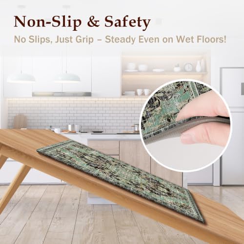 Boho Kitchen Mats for Floor 2PC Anti Fatigue Kitchen Rugs, Black Green - Image 4