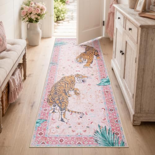 Moynesa 2x6 Pink Tiger Hallway Runner Rug, Washable Boho Runner for Kitchen by Moynesa