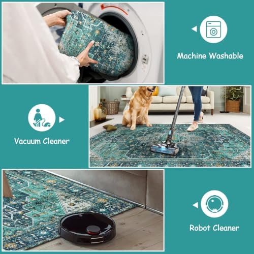 Moynesa Ultra-Thin Washable Vintage Area Rug - 3x5 Boho Entry Throw Rug Non-Slip Oriental Medallion Bedroom Mat Non-Shedding Indoor Floor Carpet for Living Laundry Room, Teal/Mutil - Image 3