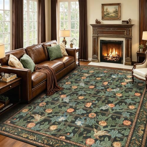 8x10 Washable Area Rug, Green Floral Vintage Rug for Living Room Bedroom by LAISE