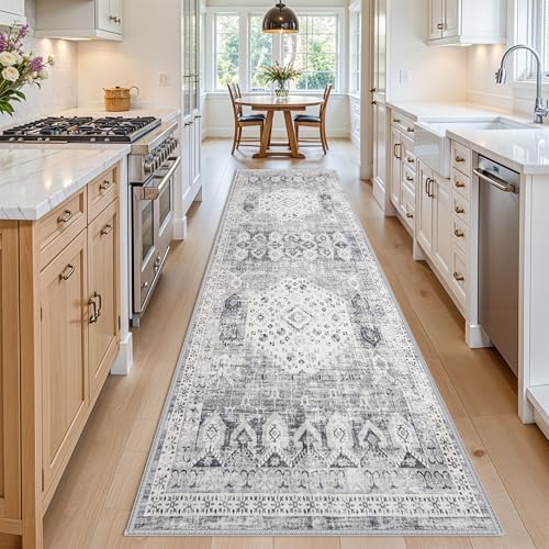 4x12 Washable Kitchen Runner Rug - Wide Indoor Entryway Hallway Rugs with Non Slip Backing Vintage Low Pile Carpet for Bedroom Laundry Ultra Soft Home Decor Floor Mat for Bathroom (Grey,4x12) - Image 4