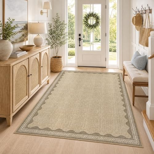 GarveeHome Washable Rugs 5x7 Rug for Living Room, Scalloped 5 x 7 Rug Solid Tan Jute Digital Printing Modern Low-Pile Carpet for Bedroom Dining Nursery Non Slip Mat with Rubber Back - Image 3