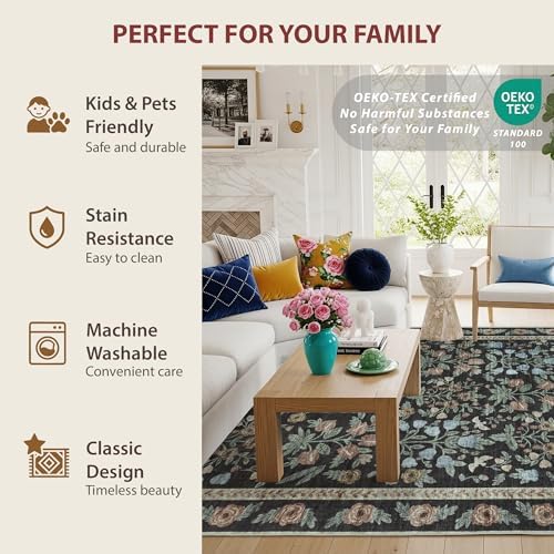 Washable Dining Room Rugs for Under Table - 6x9 Gold Black Floral Area Rug for Living Room, Low Pile Non Slip Floor Carpet for Bedroom, Vintage Distressed Ultra Soft Stain Resistance - Image 5