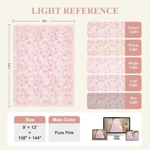 DUKINO 9x12 Area Rug for Living Room Vintage Floral Washable Rug Light Pink - Image 2