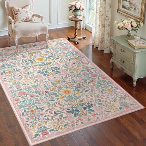 4x6 Floral Area Rug Soft Low Pile Boho Carpet for Living Room by NakedCloud