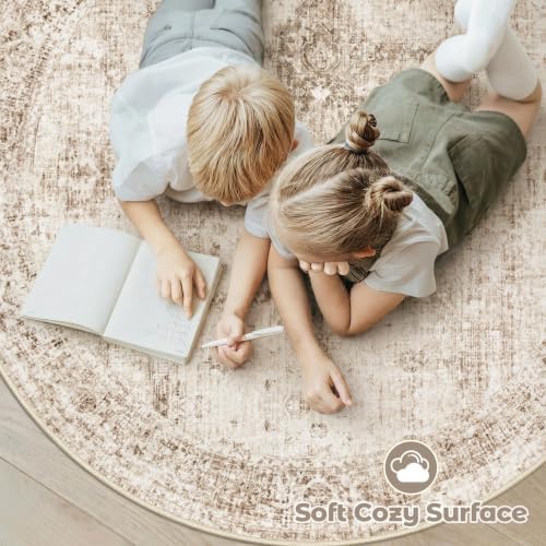 Round Rugs 6ft Washable Rug, Vintage Boho Medallion Rugs Non-Slip Soft Low Pile Circle Distressed Rug Indoor Retro Carpet for Living Room Bedroom Dining Room Home Office (Brown, 6' Round) - Image 5