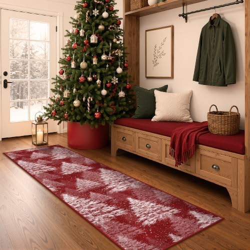 Madane Christmas Runner Rug 2x8 for Hallway, Washable Soft Kitchen Rug Red - Image 3
