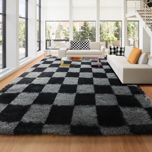 KICMOR Large Rugs for Living Room 7x10 Area Rug, Black and Grey Big Fluffy Shag Shaggy Fuzzy Checkered Bedroom Carpet, Indoor Soft Plush Rug for Kids Boys Girls Dorm Nursery Home Decor Aesthetic - Image 5