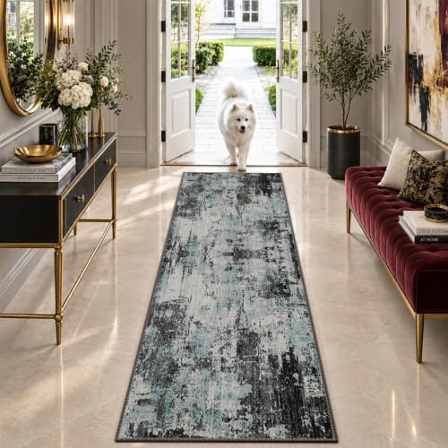 RELEANY Washable Runner 2'x6' Abstract Area Rug for Hallway Teal Black by RELEANY