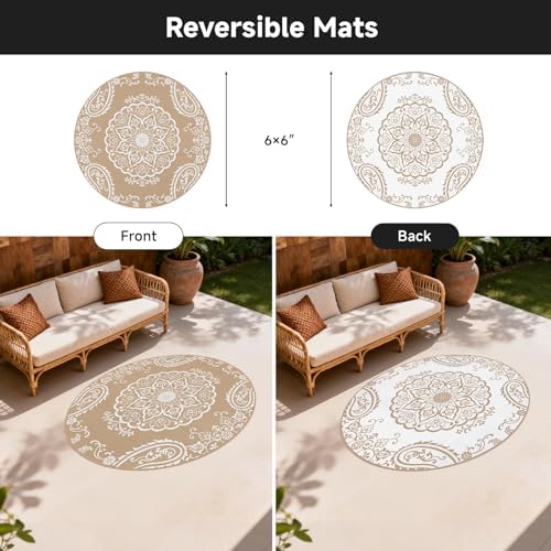 Pauwer Outdoor Rug 6ft, Waterproof Plastic Straw Camping Rug, Boho Brown - Image 2