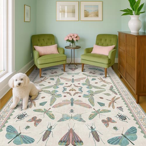 Hazo Haus Green and Blue Nursery Rug 5x8 - Washable Soft Area Rugs for Bedroom Under Bed, Living Room, Vintage Floral Butterfly Fun Indoor Floor Decor by HazoHaus