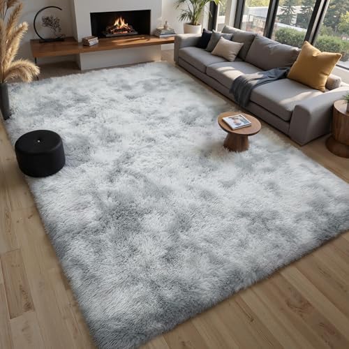 KICHOWUA Grey Tie-Dye Light Gray Fluffy 9x12 Rug Bedroom Living Room Shag - Image 7