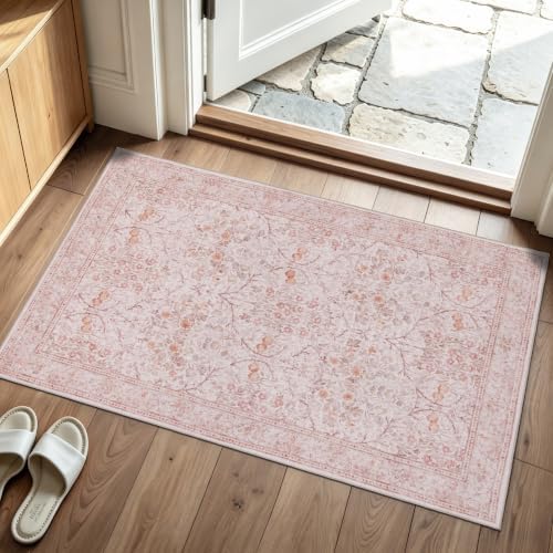 JOLLYVOGUE Entryway Rug, 2x3 Washable Vintage Floral Rug, Pink by JOLLYVOGUE