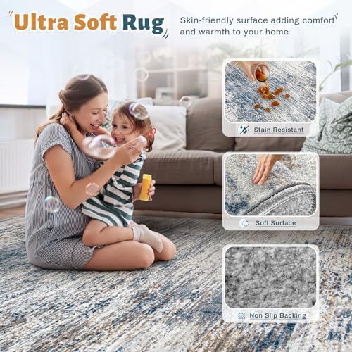 XLUEZ 6x9 Area Rugs for Living Room, Washable Modern Abstract Large Area Rug Neutral Soft Non Slip Kids Rug Stain Resistant Indoor Carpet for Bedroom Nursery Dining Room Playroom(BlueWhite, 6'x9') - Image 4