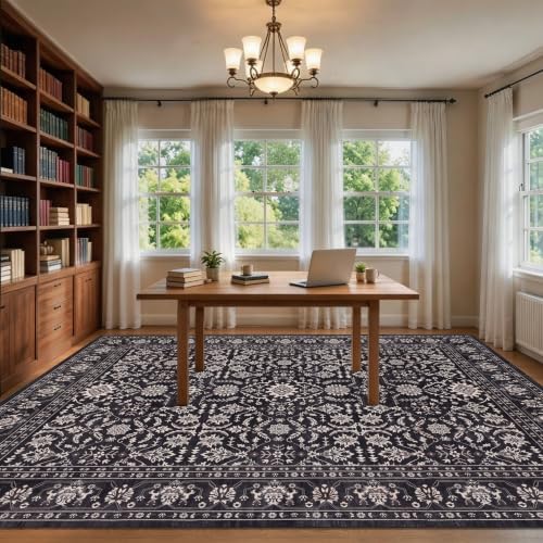 RCTJHOME 8x10 Black Floral Gothic Washable Area Rug Non-Slip Soft Carpet by RCTJHOME