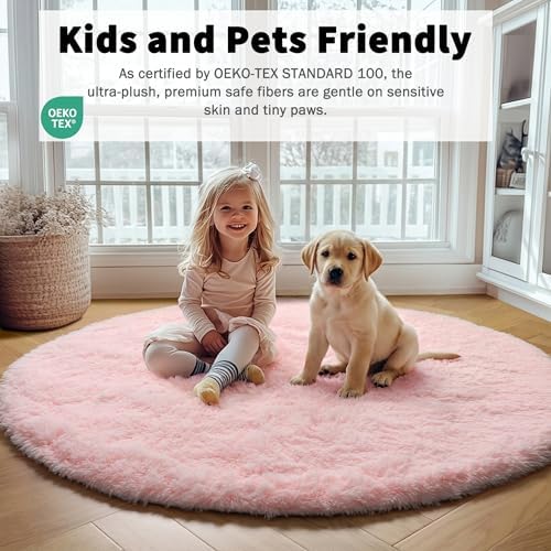 ONASAR Light Pink Round Area Rugs 5ft for Bedroom Living Room, Fluffy Circle Rug for Kids Girls Boys Teen, Soft Plush Shaggy Carpet for Nursery Dorm Classroom Playroom Home Decor Aesthetic - Image 4