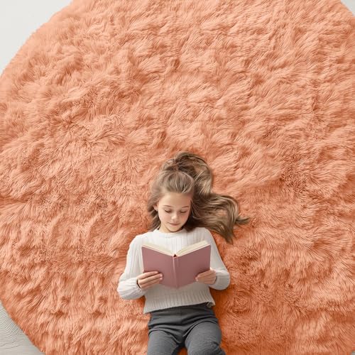 OLANLY Muted Orange Round Rugs for Bedroom - Machine Washable, 8 ft Circle Area Rugs for Living Room, Soft and Fluffy Shaggy Carpet for Teen Girl and Boys, Nursery Rooms, Dorms, Home Decor Aesthetic by OLANLY