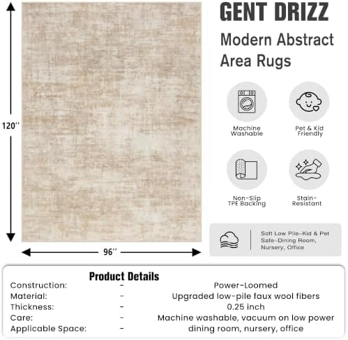 8x10 Area Rugs for Living Room: Washable Abstract Beige Bedroom Carpet - Image 2