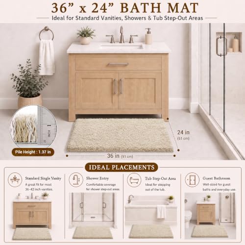 Yimobra Bathroom Rugs Non Slip Washable 36X24, Plush Bath Mat, Beige&White - Image 2