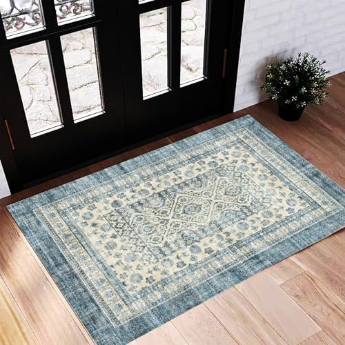 CHAMPLANT Washable Area Rug 2'x3' Door Mat Vintage Distressed Doormat Indoor Entrance Traditional Thin Rug Floral Print Non Slip Carpet for Kitchen Bathroom Bedroom Living Room by CHAMPLANT