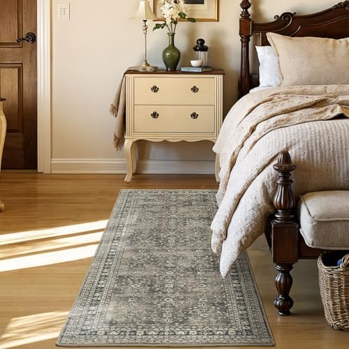 Lessymo Runner Rugs 2x6 ft, Vintage Brown Machine Washable Rug for Hallway Kitchen Bedroom, Non Slip Low Pile Soft Long Area Rug, Distressed Boho Floral Accent Carpet - Image 2