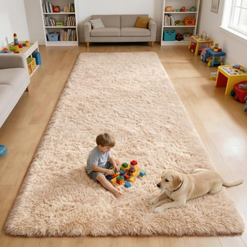 OLANLY 6x12 Machine Washable Large Area Rugs for Living Room, Bedroom, Soft Fluffy Shaggy Bedside Rug, Indoor Floor Carpet for Kids Girls and Boys, Dorms, Nursery, Home Decor Aesthetic, Beige by OLANLY