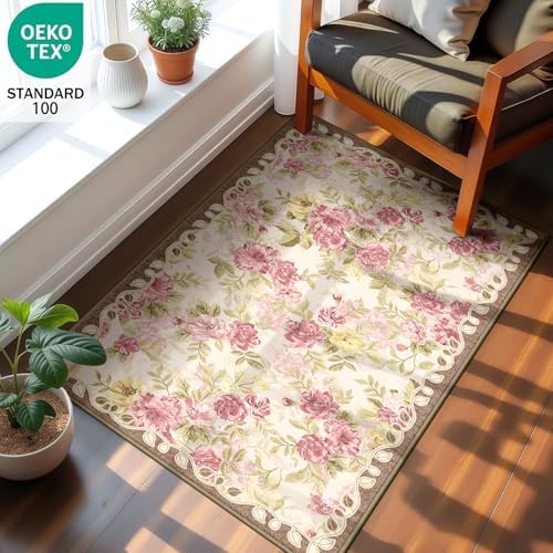 Washable 2x3 Small Area Rug, Cream Boho Floral Non-Slip Entryway Door Mat - Image 3